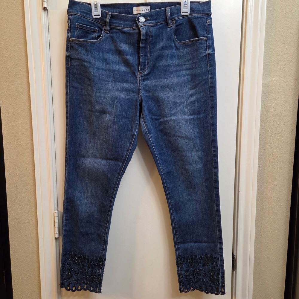 LOFT Modern Skinny Crop Jeans Blue Denim Laser Cut Lace Hem Women's Size 14